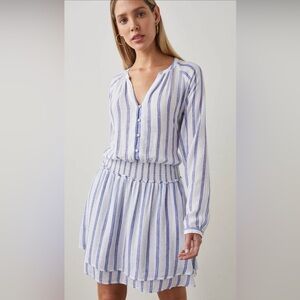 Rails JASMINE Linen- Blend Smocked Mini Dress Villa Stripe Sz Large